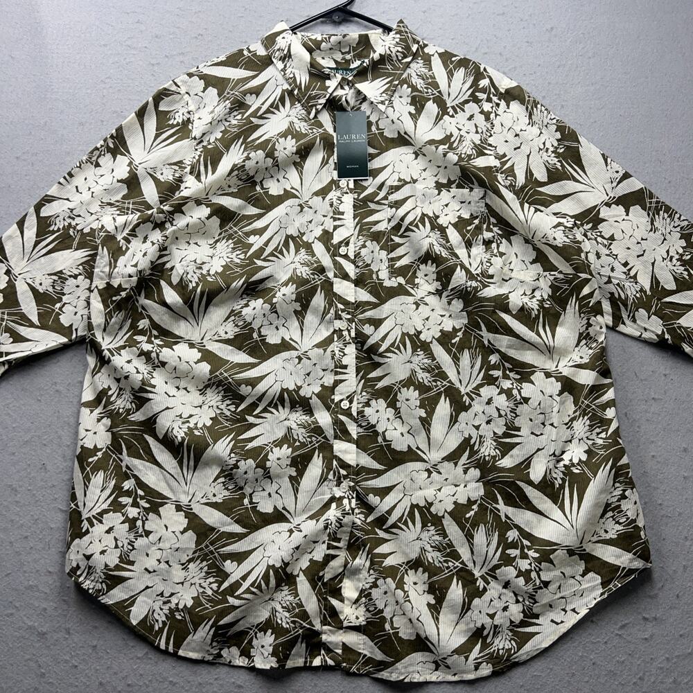 Lauren Ralph Lauren Floral Button Up Shirt Women 2X Brown 3/4 Sleeve Lightweight